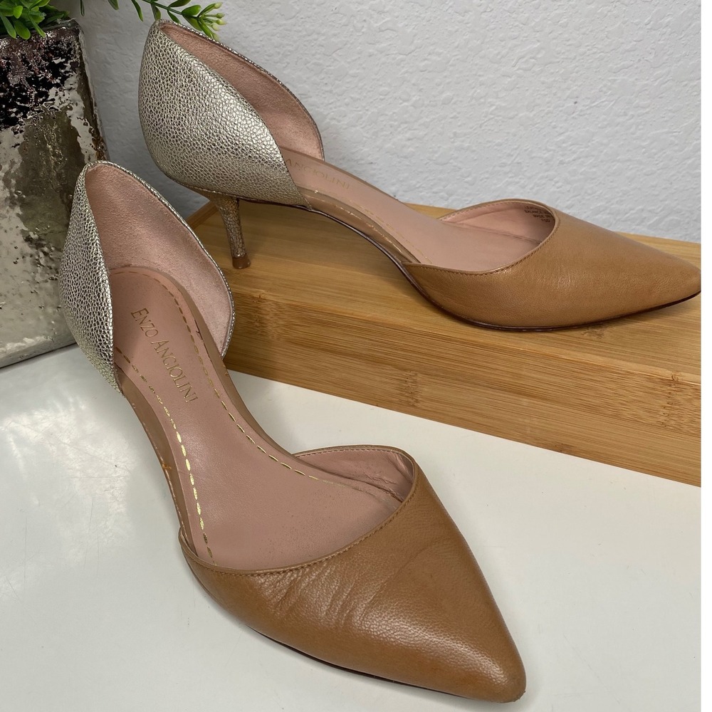 Enzo Angiolini Gabrino d'Orsay Pumps Tan‎ Gold Leather Metallic Kitten Heel 6.5M